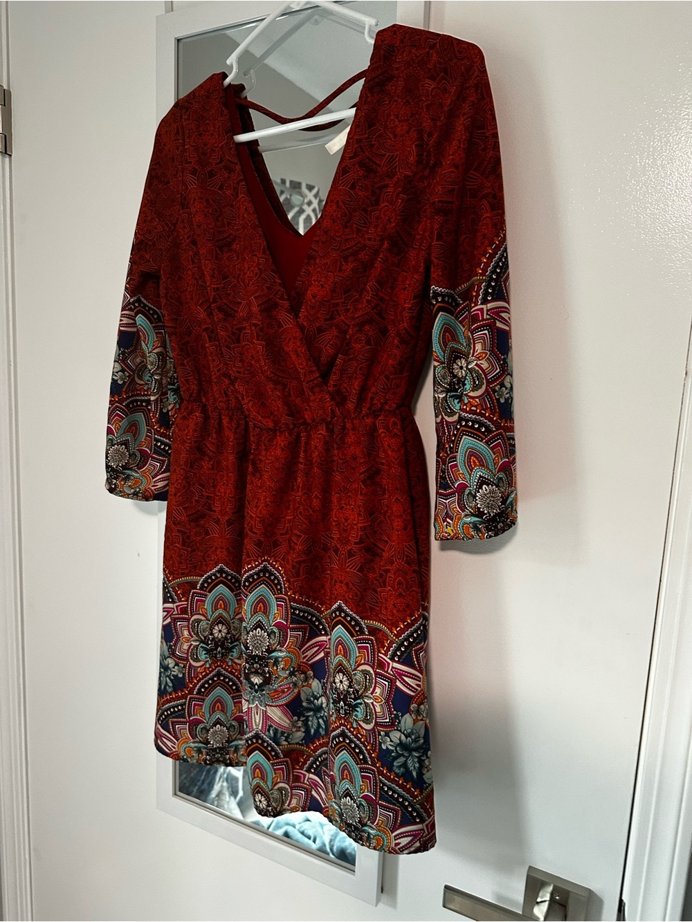 hello miss Red Floral Border Print Long Sleeve Surplice Dress